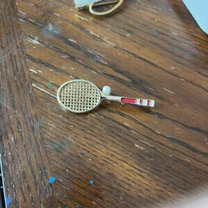 Vintage Retro Tennis Racquet and Ball Pin Red & White Enamel with Glass Bead